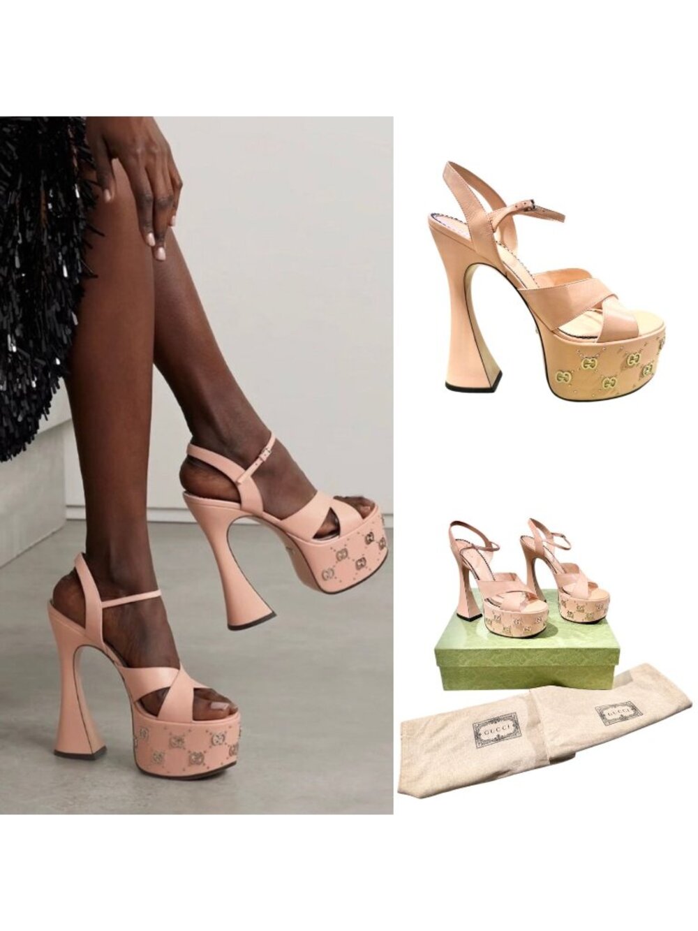 NIB Gucci Janaya Platform Sandals Pink GG Studded Heels EU 40 US 10